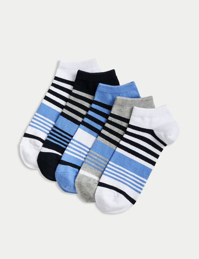M&S 5 Pcs Cool & Fresh Stripped Trainer Socks White Mix Size (6.8.5) - Shams Shopping Centre Marks & Spencer