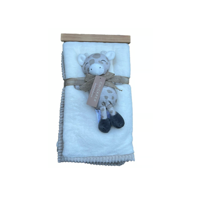 Chick Pea Baby Blanket Set Sherpa Reverse Giraffe Soft Toy Baby Gift Ribbed Trim