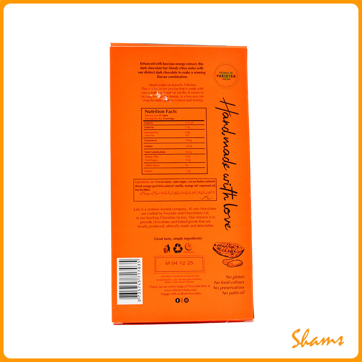Lals Chocolate 56% Cocoa Orange Dark 90g