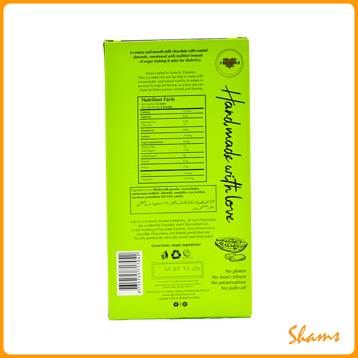 Lals Chocolate 56% Cocoa Almond Milk Sugar Free 90g
