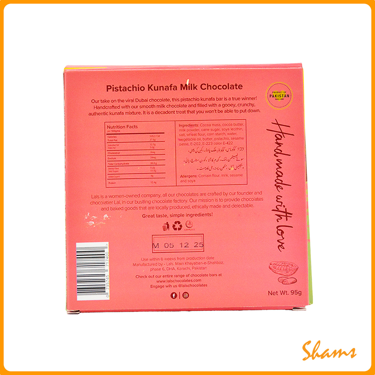 Lals Chocolate Pistachio Kunafa Bar 95g