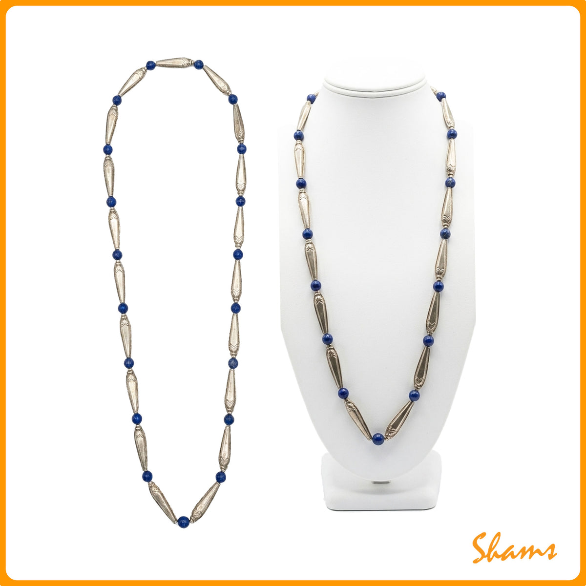Laluna Brass Fish and Lapis Bead Design with Silver Plating Long Design Necklace