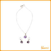 Laluna Amethyst Square Cut Earrings and Pendant with Silver Chain Set