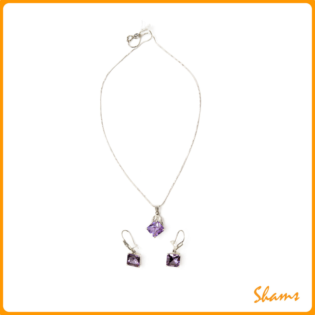 Laluna Amethyst Square Cut Earrings and Pendant with Silver Chain Set