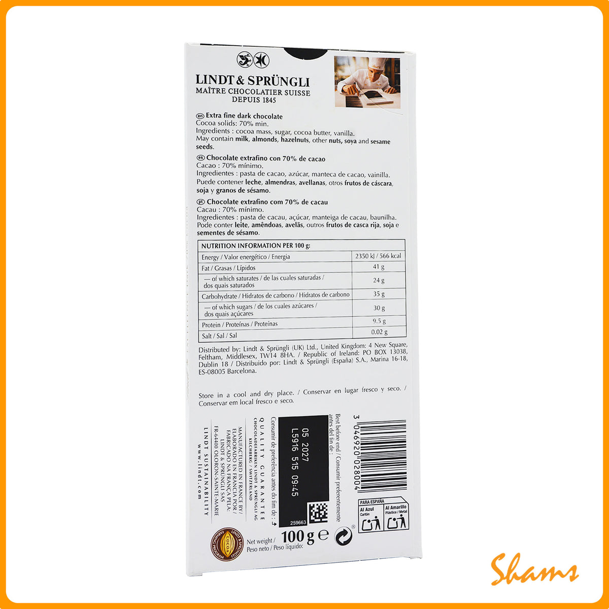 Lindt Excellence 70% Cocoa Dark Chocolate Bar 100g