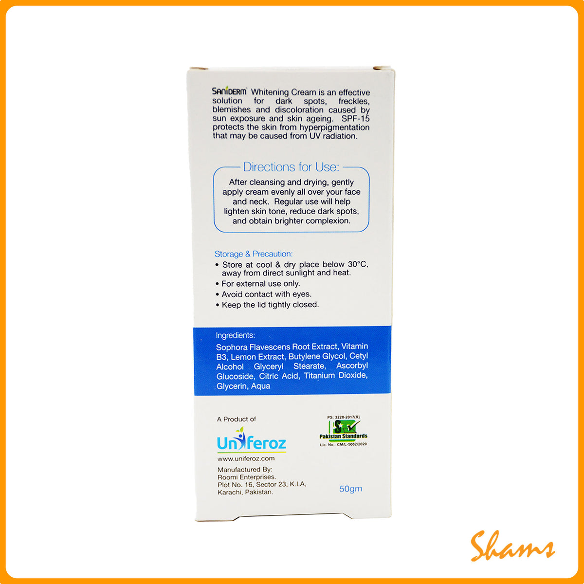 Saniderm Facial Whitening Cream SPF 20 50ml