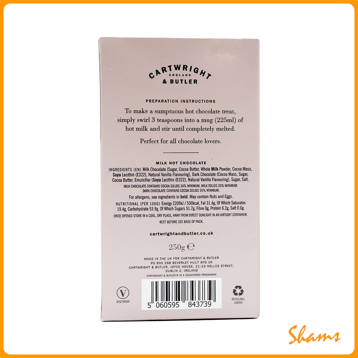 Cartwright & Butler Milk Chocolate Drinking Chocolate Carton 250g