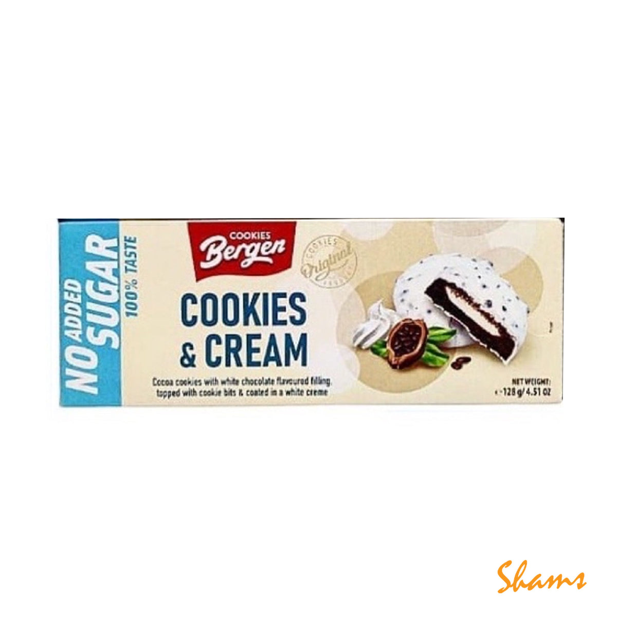 Bergen Cocoa Cookies & Cream Sugar Free Cookies 128g