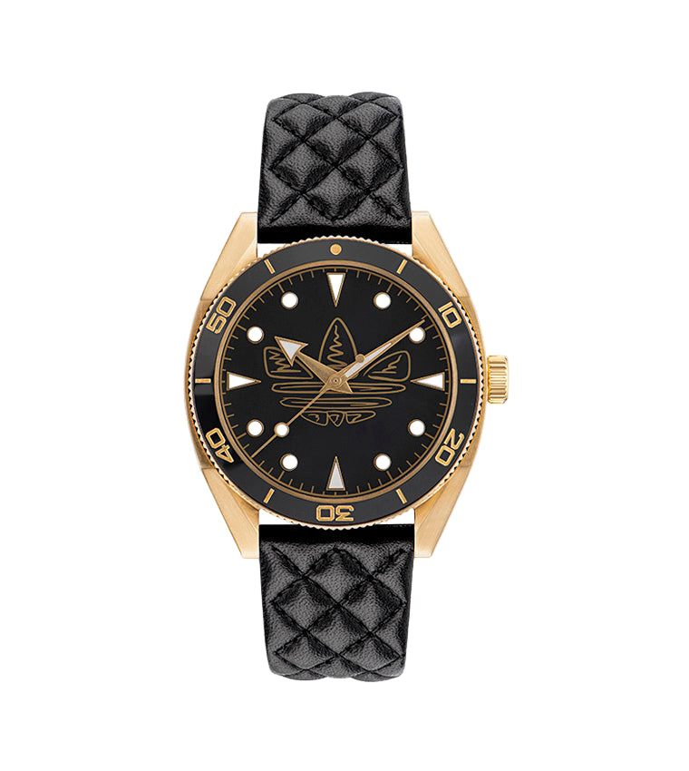 Adidas Stainless Steel Gold Black Leather Watch AOFH23001