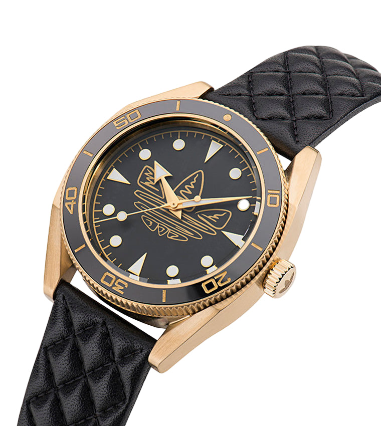 Adidas Stainless Steel Gold Black Leather Watch AOFH23001