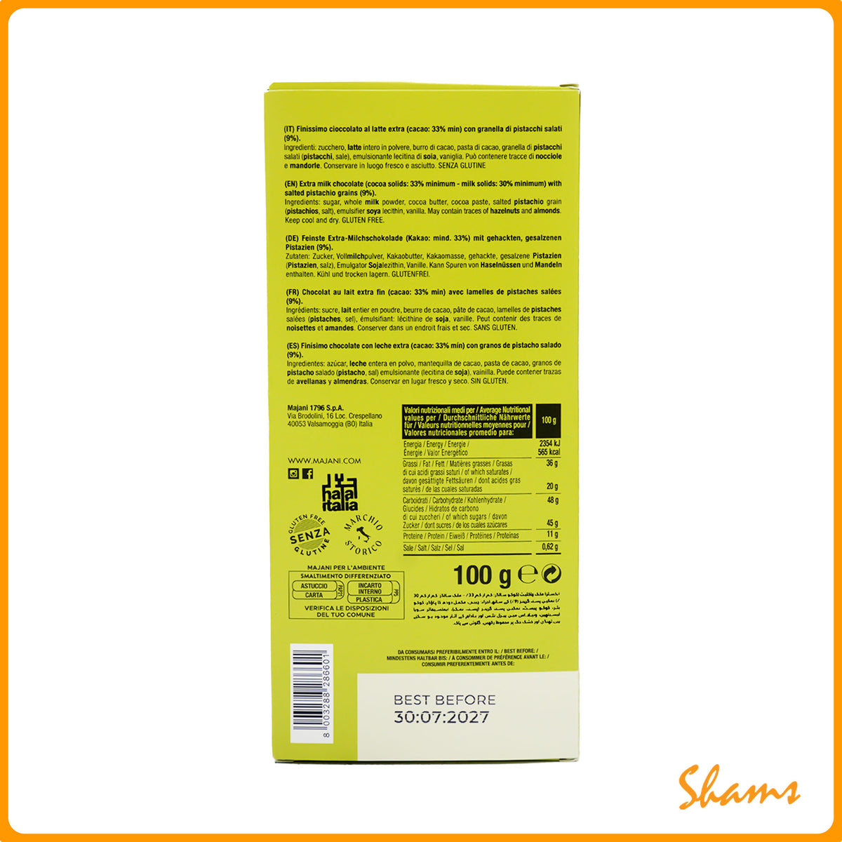 Majani Milk Chocolate With Pistachio Salted Grains Bar 100g