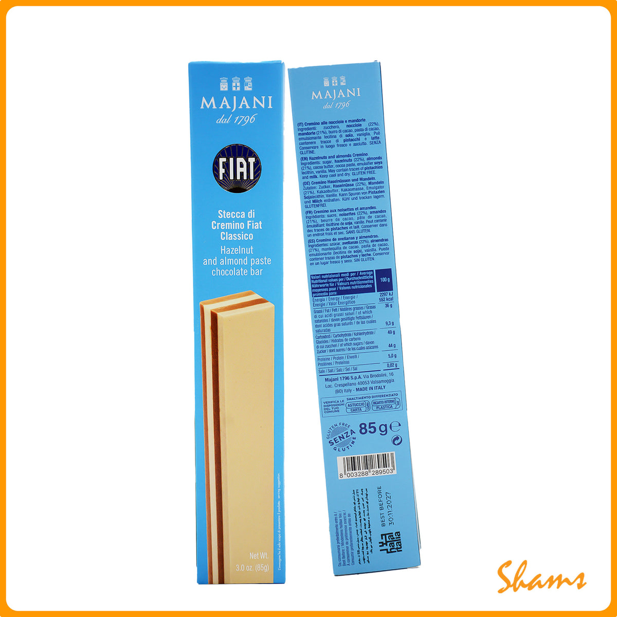Majani Fiat Hazelnut & Almond Chocolate Bar 85g