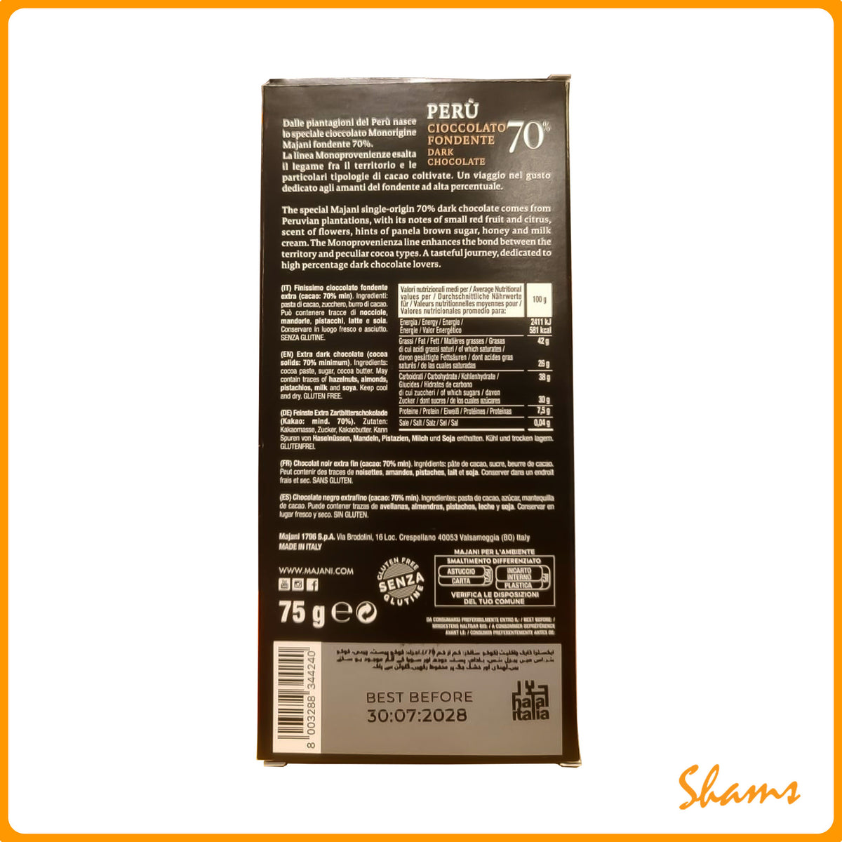 Majani 70% Fondente Extra Dark Chocolate Bar 75g