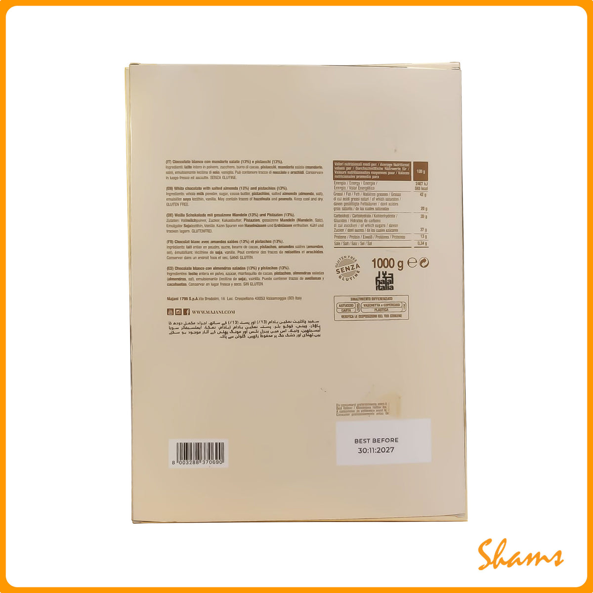 Majani White Chocolate With Almonds & Pistachio Bar 1000g