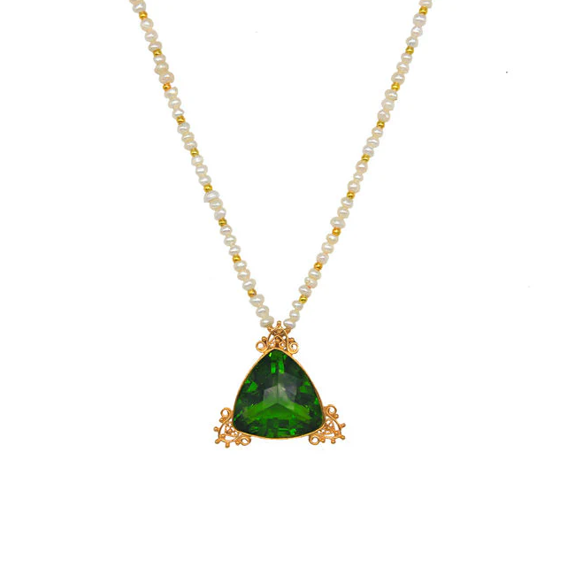 AMNA Triangular Emerald Green Glasss Pendant with Filigree Border and pearl String Jewelry ASJ-N28
