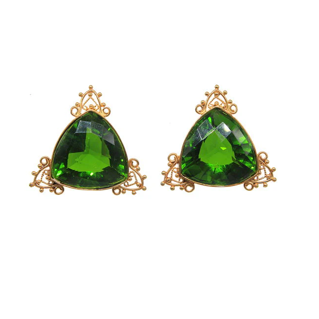 AMNA Triangular Emerald Glass Posts with Filigree Border Jewelry ASJ-E82
