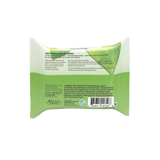 Aveeno Positively Radiant Makeup Removing 25 Wipes