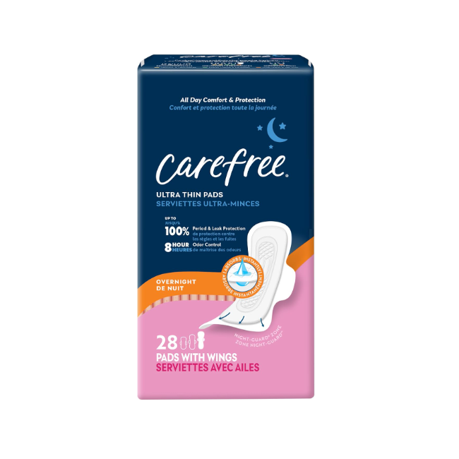 Carefree Ultra Thin Overnight Pads with Wings - 28 Pads