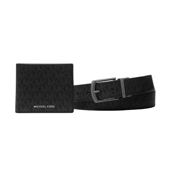Michael Kors Signature Logo Billfold Wallet & Belt Set-Black