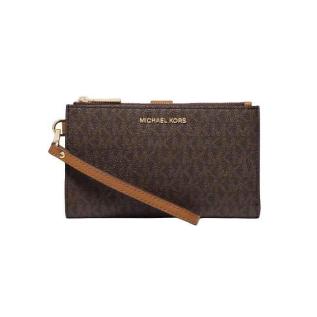 Michael Kors Jet Set Travel Leather Brown Logo Double Zip Wristlet Wallet