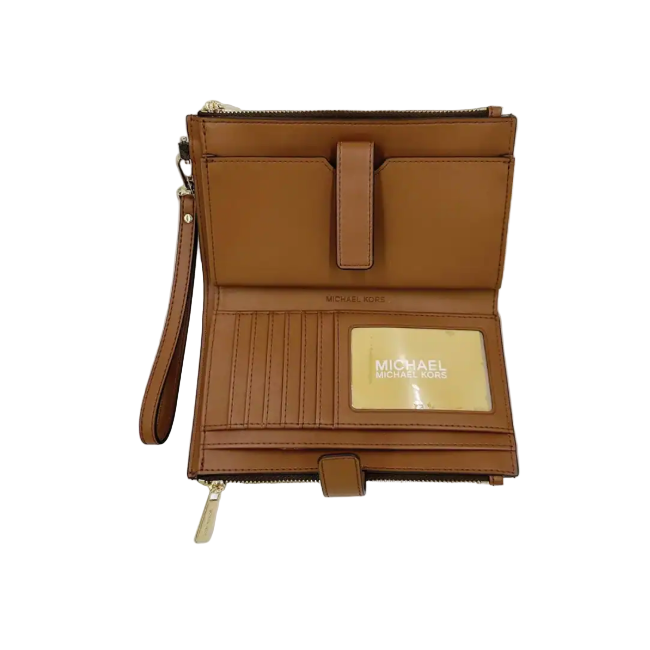 Michael Kors Jet Set Travel Leather Brown Logo Double Zip Wristlet Wallet