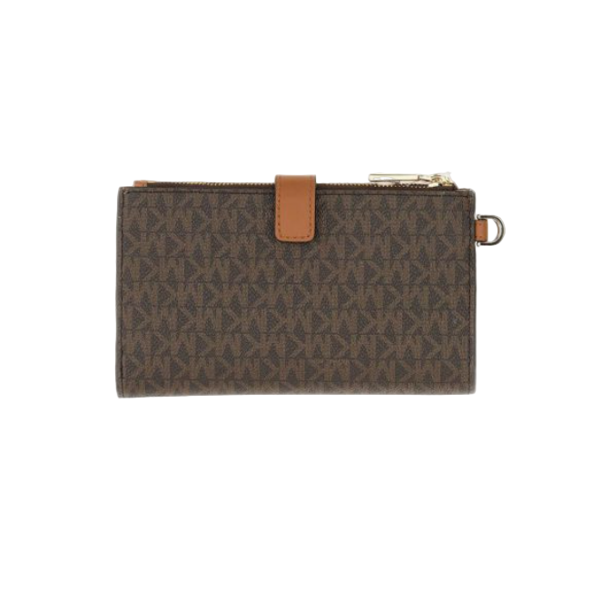 Michael Kors Jet Set Travel Leather Brown Logo Double Zip Wristlet Wallet