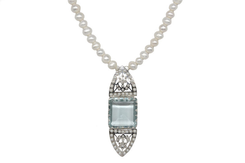 AMNA Aqua Glass With Silver Lace And Pearls Jewelry ASJ-N02