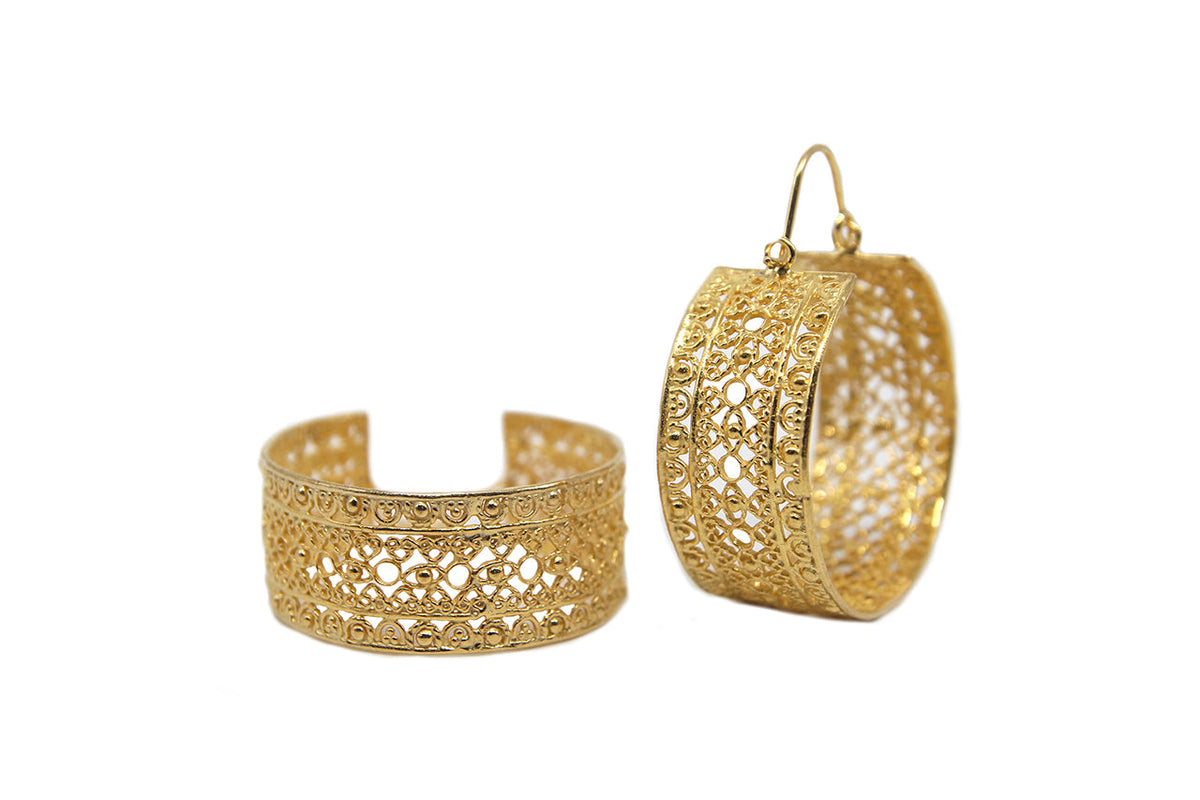 AMNA Broad Filigree Hoops Gold Plated Jewelry ASJ-E09