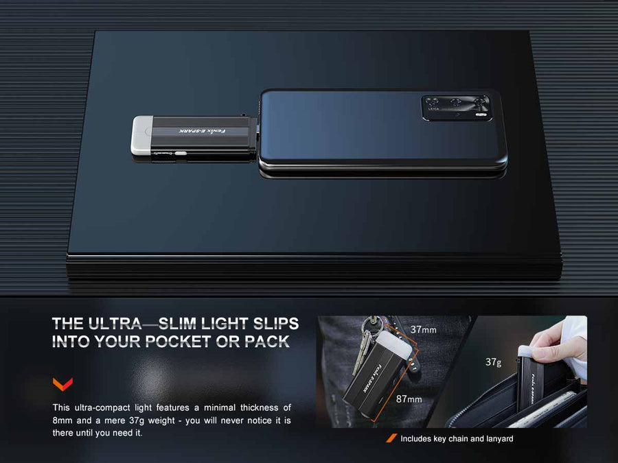 Fenix E-Spark Emergency Rechargeable Keychain Flashlight (Black) 100L