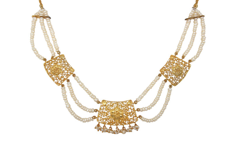 AMNA Taarkashi Necklace With Three Pearls String Gold Plated Jewelry ASJ-N06