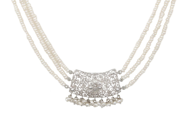 AMNA Taarkashi Silver Necklace With Three Pearls String Jewelry ASJ-N05