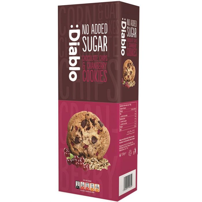 Diablo No Sugar Added Chocolate Chip & Craneberry Cookies 135g - Shams Shopping Centre Diablo  